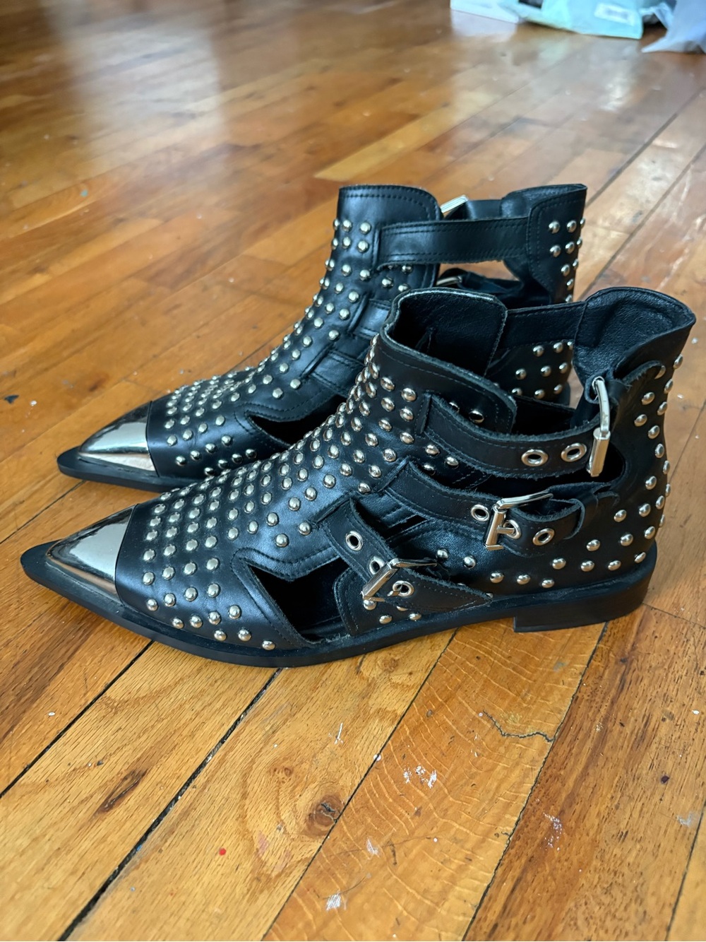 Studded Black Leather Pointed Toe Buckle Boots - Picture 2 of 6